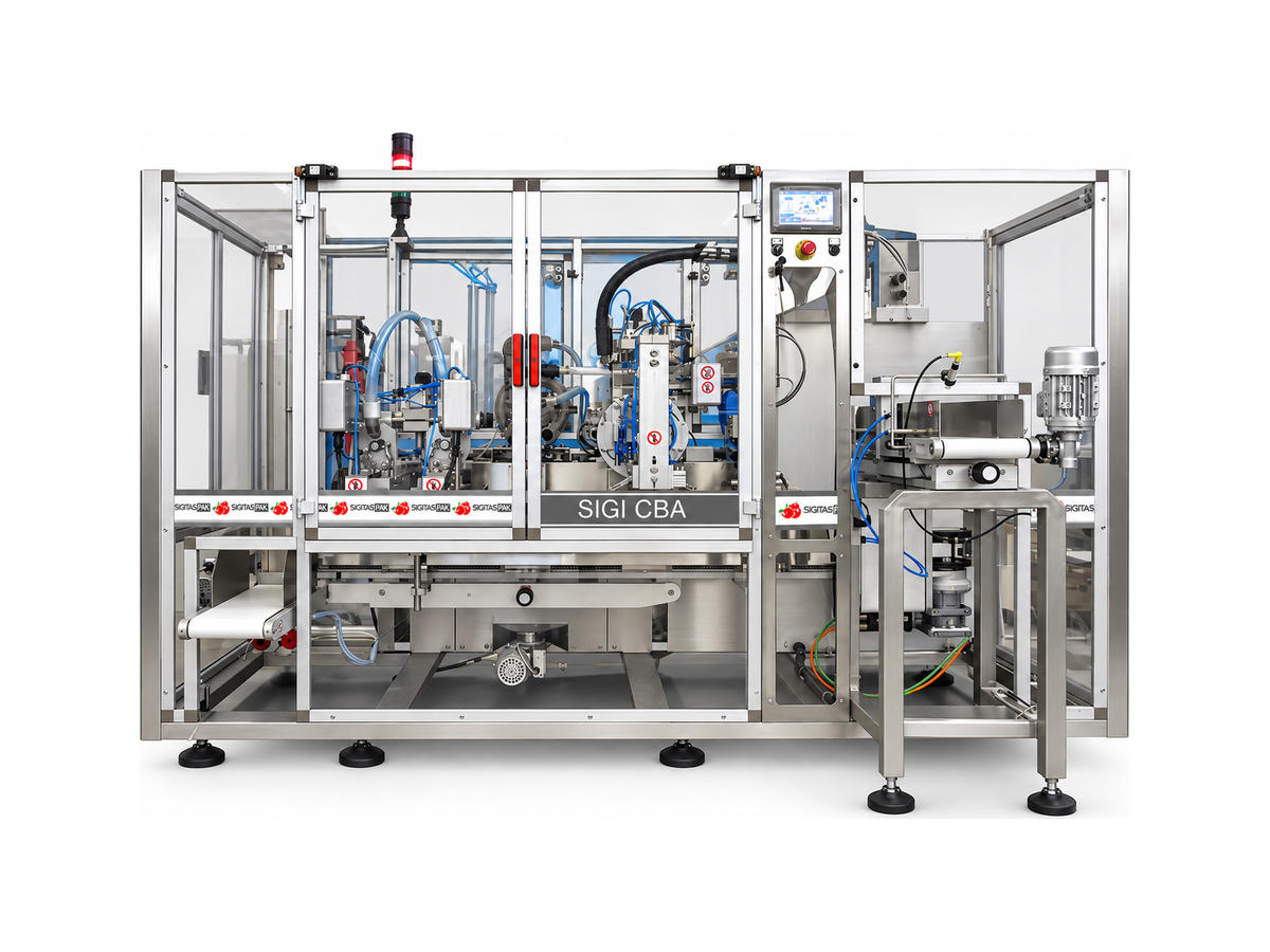 SIGI-CBA — Automatic Cardboard Sleeve (Band) Applicator for Flat Bottom Bags